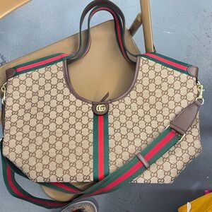 Gucci Brown GG Canvas Tote with Green and Red Stripe